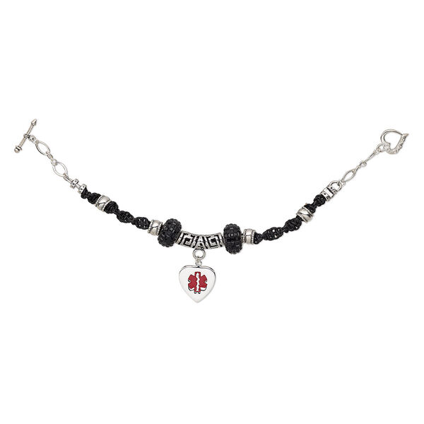 Bracelet, One of a Kind Jewelry, sterling silver / crystal / enamel / epoxy / stainless steel / leather, black and red, 7-1/2 inches with toggle clasp. Only one available. image number 0