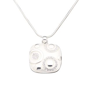 Necklace, glass rhinestone with silver-plated brass and "pewter" (zinc-based alloy), clear, 32x32mm matte and shiny square with circle design, 16 inches with 3-inch extender chain and lobster claw clasp. Sold individually.