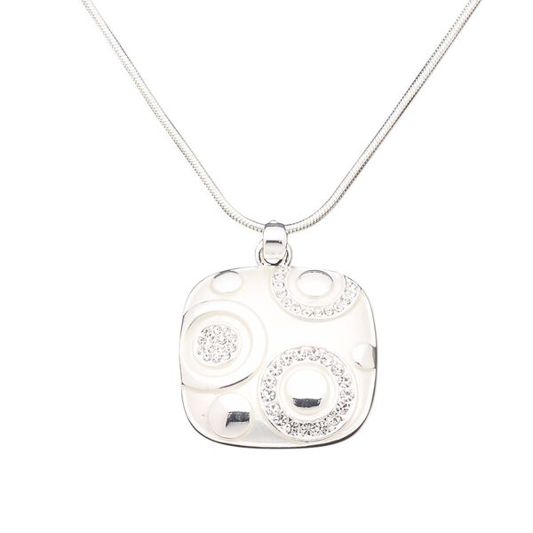 Necklace, glass rhinestone with silver-plated brass and "pewter" (zinc-based alloy), clear, 32x32mm matte and shiny square with circle design, 16 inches with 3-inch extender chain and lobster claw clasp. Sold individually. image number 0