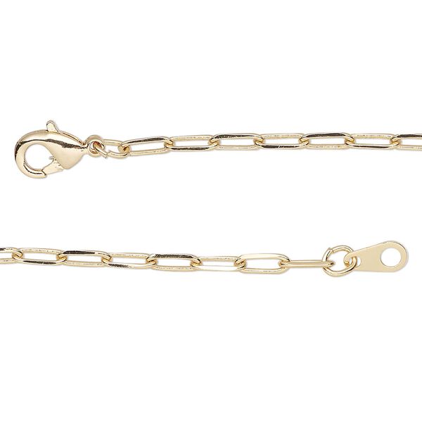Chain, gold-finished brass, 2.4mm paperclip, 16 inches with lobster claw clasp. Sold individually. image number 0