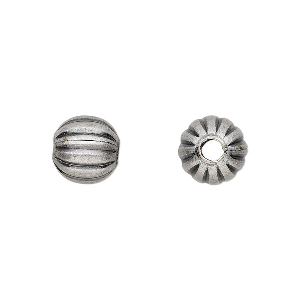 Bead, antique silver-plated brass, 10mm corrugated round. Sold per pkg of 10. image number 0