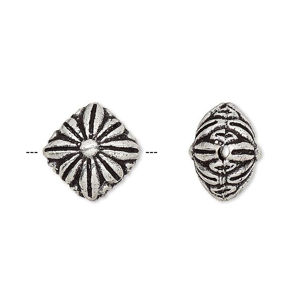 Bead, antiqued silver-finished brass, 14x14mm puffed diamond with flower. Sold per pkg of 2. image number 0