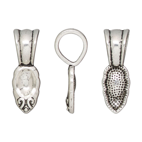 Bail, glue-on, antique silver-finished "pewter" (zinc-based alloy), 25.5x8.5mm leaf with 15x8.5mm pad. Sold per pkg of 10. image number 0