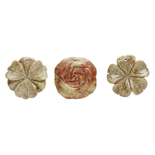 Autumn jasper 1pkg3, top-drilled carved flower focal natural B grade, mix 41x34mm-42x41mm image number 0