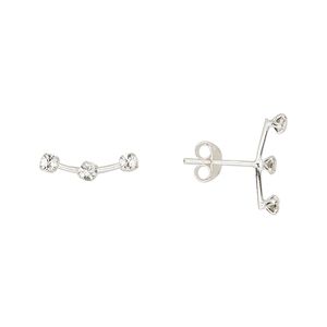 Earstud sterling silver / Preciosa crystal 1pkg2, 13x4mm right- and left-facing curved bar / earnuts included, Create Compliments® crystal clear 1 pair