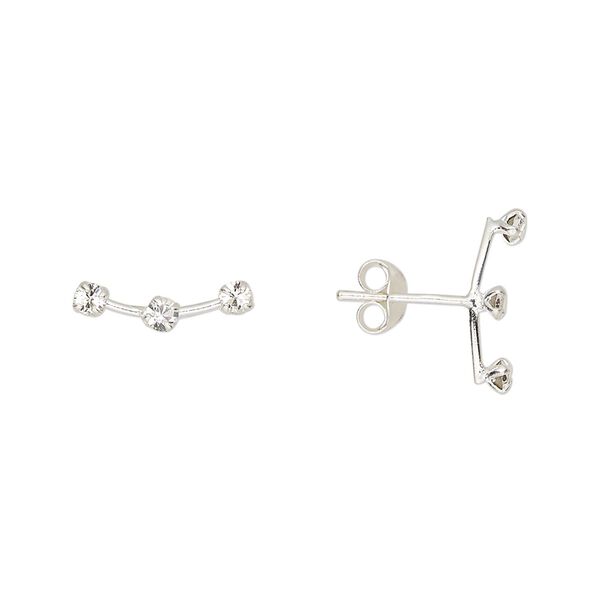 Earstud sterling silver / Preciosa crystal 1pkg2, 13x4mm right- and left-facing curved bar / earnuts included, Create Compliments® crystal clear 1 pair image number 0