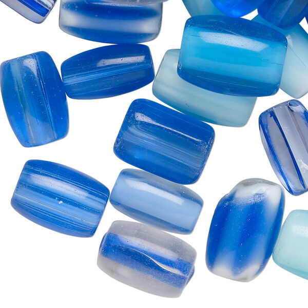 Bead mix, lampworked glass, opaque and translucent multi-blue, 13x9mm-16x13mm round tube. Sold per 4-ounce pkg, approximately 70 beads. image number 0