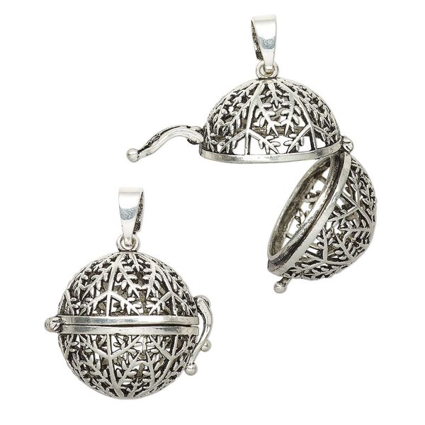 Drop, antique silver-finished brass, 24mm round bead cage with cutout snowflake design and safety latch, fits up to 17mm bead. Sold individually. image number 0