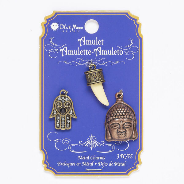 Charm mix, acrylic / antique brass- / antique copper-finished "pewter" (zinc-based alloy), clear / tan / dark red, 20mm single-sided Fatima hand / 22x11mm 3D tooth / 22x19mm single-sided Buddha head. Sold per pkg of 3. image number 0