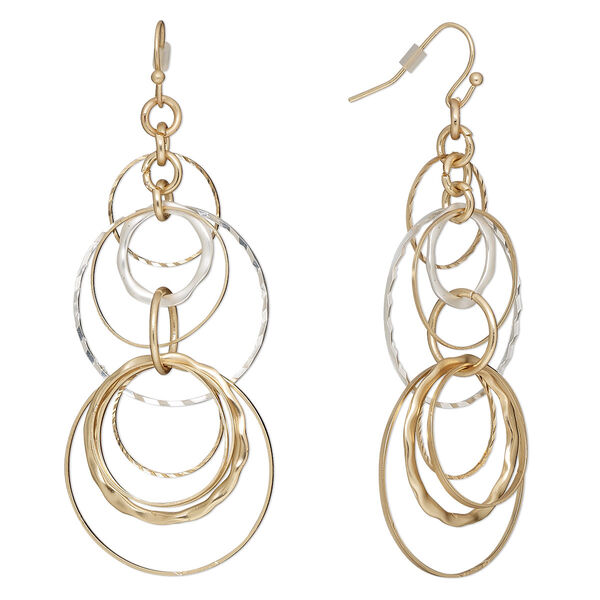 Earring, gold-finished steel / gold- / silver-plated brass, 3 inches with circles and fishhook ear wire. Sold per pair. image number 0