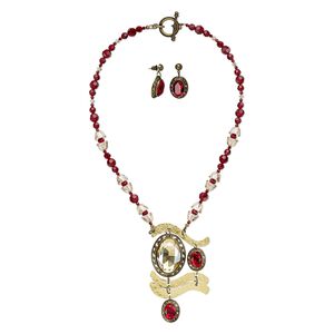Necklace and earring set, One of a Kind Jewelry, antique gold-finished "pewter" (zinc-based alloy) / jeweler's bronze / crystal, red and light gold, 20-inch necklace. Only one available.