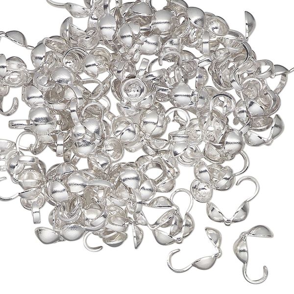 Bead tip, silver-finished brass, 8x4mm bottom clamp-on with open loop. Sold per pkg of 100. image number 0