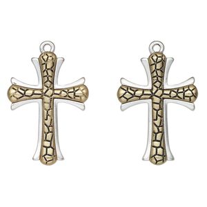 Focal, antique gold-finished and antique silver-finished "pewter" (zinc-based alloy), 34x24mm textured cross. Sold per pkg of 2.