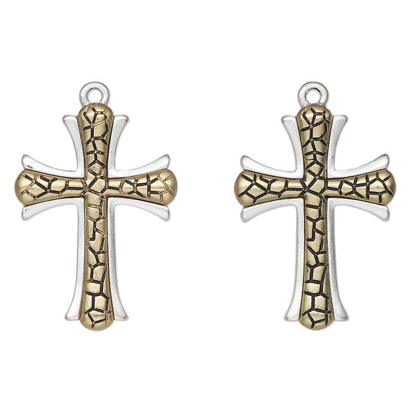 Focal, antique gold-finished and antique silver-finished "pewter" (zinc-based alloy), 34x24mm textured cross. Sold per pkg of 2. image number 0