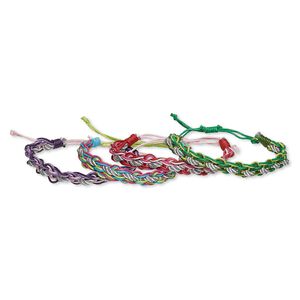 Bracelet mix, cotton, mixed colors, 10mm wide, adjustable from 6-10 inches with wrapped knot closure. Sold per pkg of 4.