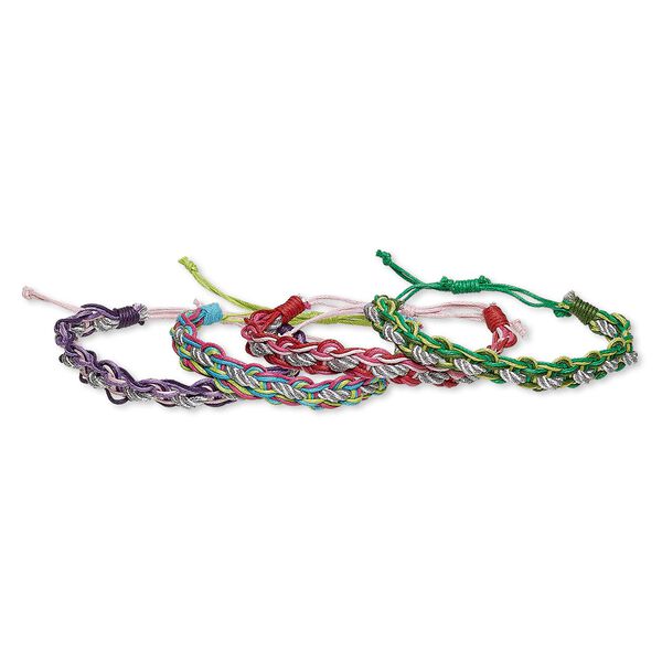 Bracelet mix, cotton, mixed colors, 10mm wide, adjustable from 6-10 inches with wrapped knot closure. Sold per pkg of 4. image number 0