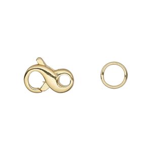 Clasp lobster claw 1pkg4 gold-plated, 14.5x9mm infinity / 8mm closed jump ring, brass 1-strand