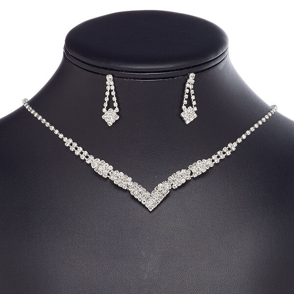 Necklace and earring set, glass rhinestone / plastic / imitation rhodium-plated brass / steel, clear, cupchain and "V" shape, 16 inches with 3-inch extender chain and lobster claw clasp, 28mm earrings with post. Sold per set. image number 0