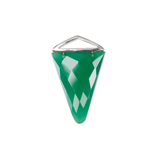Drop, green onyx (dyed) and sterling silver, 21x21x15mm-22x22x16mm hand-cut double-sided faceted triangle. Sold individually. image number 0