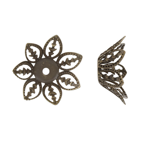 Bead cap, antique brass-finished steel, 20.5x8mm leaves, fits 14-16mm round bead. Sold per pkg of 20. image number 0