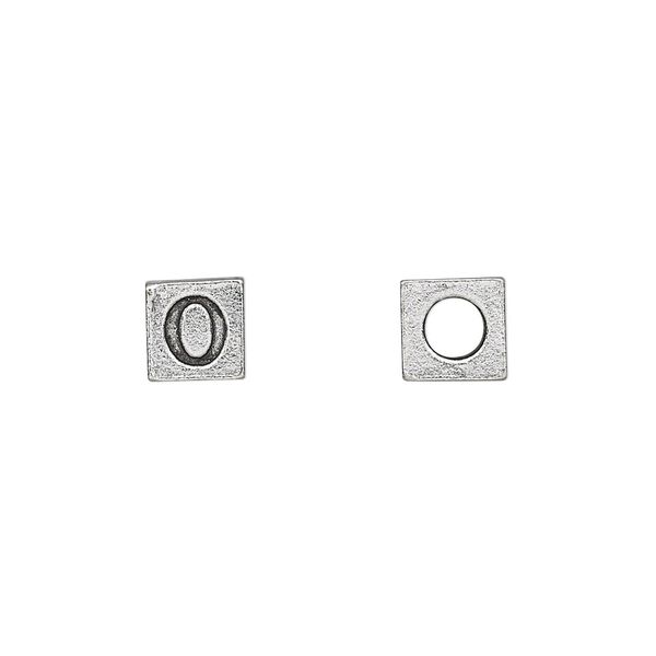 Bead, antiqued pewter (tin-based alloy), 7mm cube with Greek letter, OMICRON. Sold per pkg of 4. image number 0
