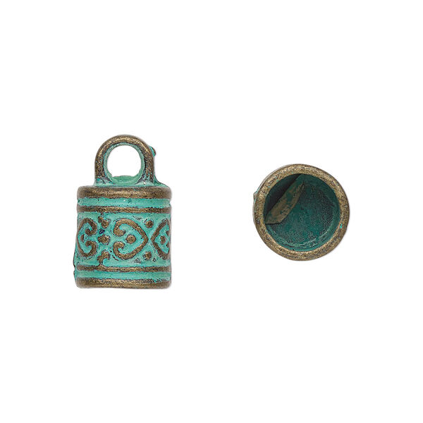 Cord end, glue-in, antique brass-plated "pewter" (zinc-based alloy), green patina, 11x10mm barrel with fancy heart design, 7mm inside diameter. Sold per pkg of 10. image number 0