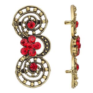 Spacer, antiqued gold-finished "pewter" (zinc-based alloy) and Czech glass rhinestone, light Siam, 39x17mm 2-strand fancy double circle. Sold per pkg of 4.