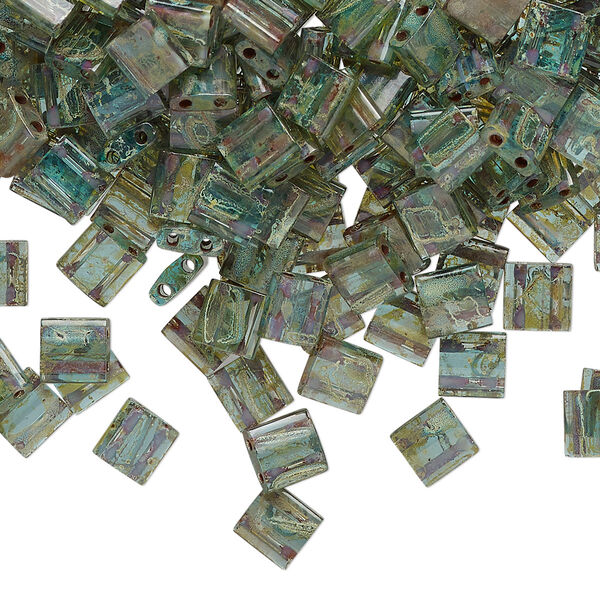 Seed bead, TILA®, glass, pkg/10g, 5mm full tila square, translucent Picasso turquoise blue, (TL-4506). image number 0