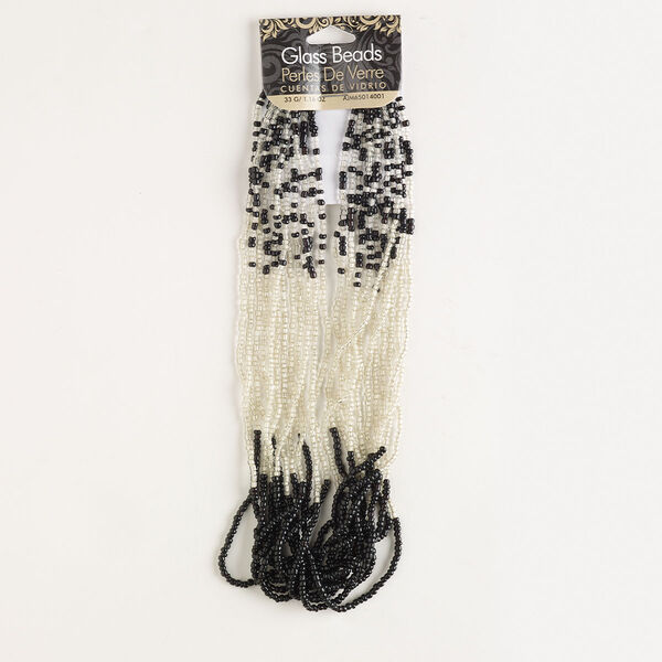 Seed bead, glass, pkg/33g, #11 round, opaque and translucent black and clear. image number 0