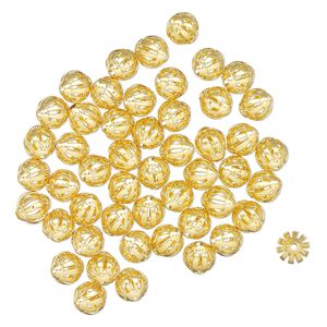Bead, gold-finished brass, 10mm corrugated oval with cutouts. Sold per pkg of 50.