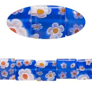 Bead, millefiori glass, translucent cobalt blue / red / white, 9mm-11x10mm puffed square with flower design. Sold per 14-inch strand.