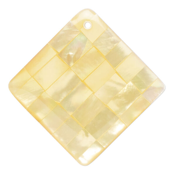 Focal, gold lip shell / mother-of-pearl shell / resin (assembled) 1pkg1, bright yellow, 38-40mm top-drilled 1sided flat diamond with checkerboard pattern. image number 0