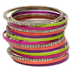Bracelet, bangle, glass rhinestone / painted aluminum / gold-finished steel, assorted neon colors, 3-3.5mm wide, 8 inches. Sold per 16-piece set.