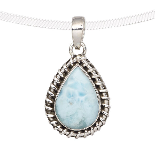 Pendant, larimar (natural) and antiqued sterling silver, 22x16mm-25x19mm teardrop with wire-wrapped rim. Sold individually. image number 0