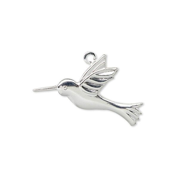 Charm, silver-plated brass, 25x19mm single-sided hummingbird. Sold per pkg of 100. image number 0