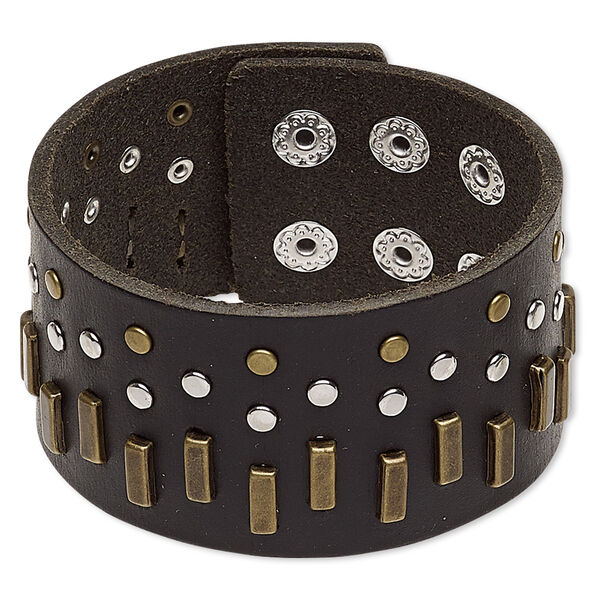 Bracelet, leather (dyed) / imitation rhodium- / antique brass-plated steel / "pewter" (zinc-based alloy), black, 38mm wide with rectangle and round studs, adjustable from 5-1/2 to 6-1/2 inches with double snap closure. Sold individually. image number 0