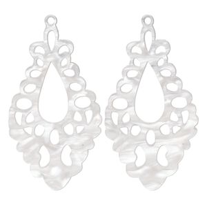Focal, resin, white, 51.5x29mm fancy teardrop with cutouts. Sold per pkg of 2.