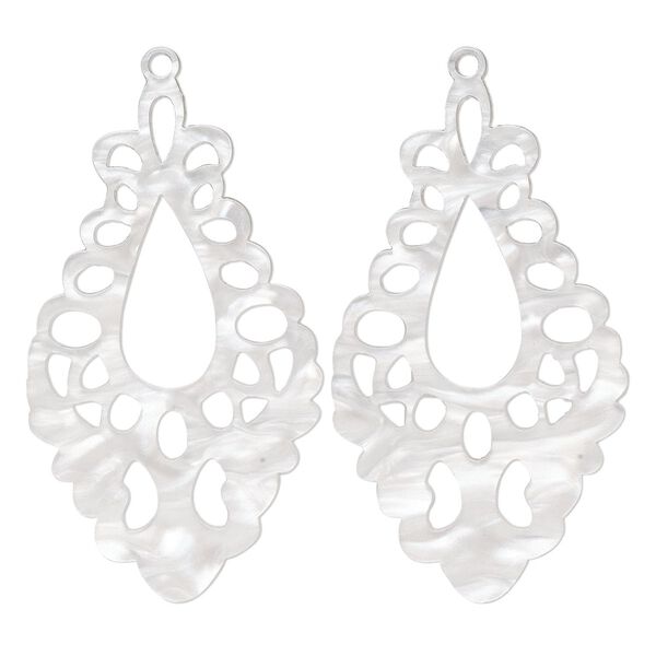 Focal, resin, white, 51.5x29mm fancy teardrop with cutouts. Sold per pkg of 2. image number 0