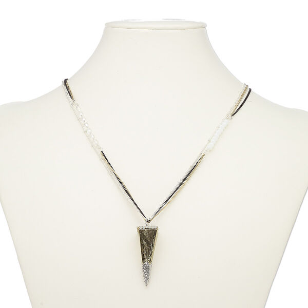 Necklace, 3-strand, glass / glass rhinestone / gold-finished / silver- / black-plated steel / brass / "pewter" (zinc-based alloy), white and clear, 44x15mm spike, 36 inches with 2-inch extender chain and lobster claw clasp. Sold individually. image number 0