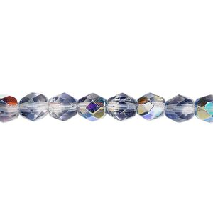 Bead, Czech fire-polished glass, two-tone, crystal/dark grey AB, 6mm faceted round. Sold per 15-1/2" to 16" strand.