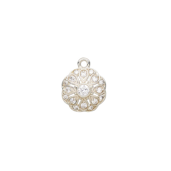 Drop, sterling silver and cubic zirconia, clear, 11.5mm flower. Sold individually. image number 0