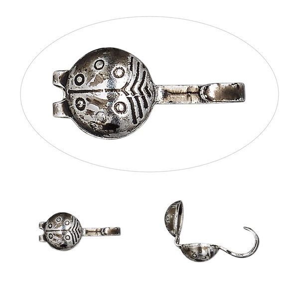 Bead tip, Hot Tips®, antique silver-plated brass, 7x5mm bottom clamp-on ladybug with open loop. Sold per pkg of 100. image number 0
