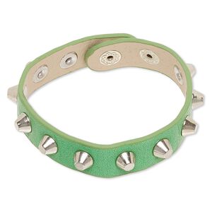 Bracelet, imitation leather and imitation rhodium-finished steel, green, 15mm wide with studs, adjustable at 6-1/2 and 7 inches with snap closure. Sold individually.