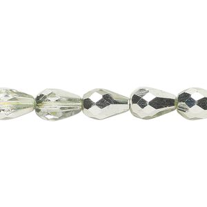 Bead, Czech fire-polished glass, opaque silver and clear, 10x7mm faceted teardrop. Sold per 18-inch strand, approximately 50 beads.