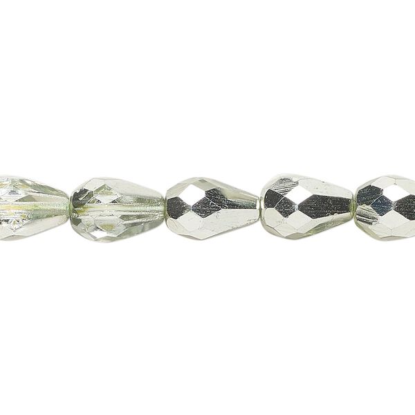 Bead, Czech fire-polished glass, opaque silver and clear, 10x7mm faceted teardrop. Sold per 18-inch strand, approximately 50 beads. image number 0