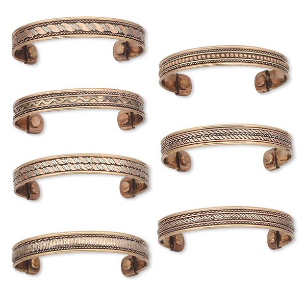 Bracelet, cuff, copper, 11-12mm wide with assorted patterns, 7 to 7-1/2 inches with magnetic ends. Sold per pkg of 7. image number 0
