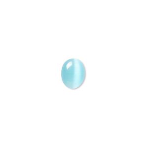 Cabochon, cat's eye glass (fiber optic glass), turquoise blue, 9x7mm calibrated oval, quality grade. Sold per pkg of 10.