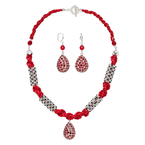 Necklace and earring set, One of a Kind Jewelry, silver-finished brass / glass / satin cord, red / black / clear, 21-inch necklace. Only one available. image number 0
