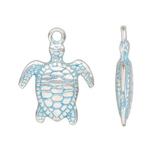 Charm, antique silver-finished pewter (tin-based alloy), blue patina, 24x22mm double-sided turtle. Sold per pkg of 2.