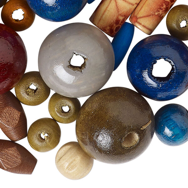Bead mix, wood (dyed/waxed), mixed colors, 6x5mm-30x20mm mixed shapes. Sold per 4-ounce pkg, approximately 355 beads. image number 0